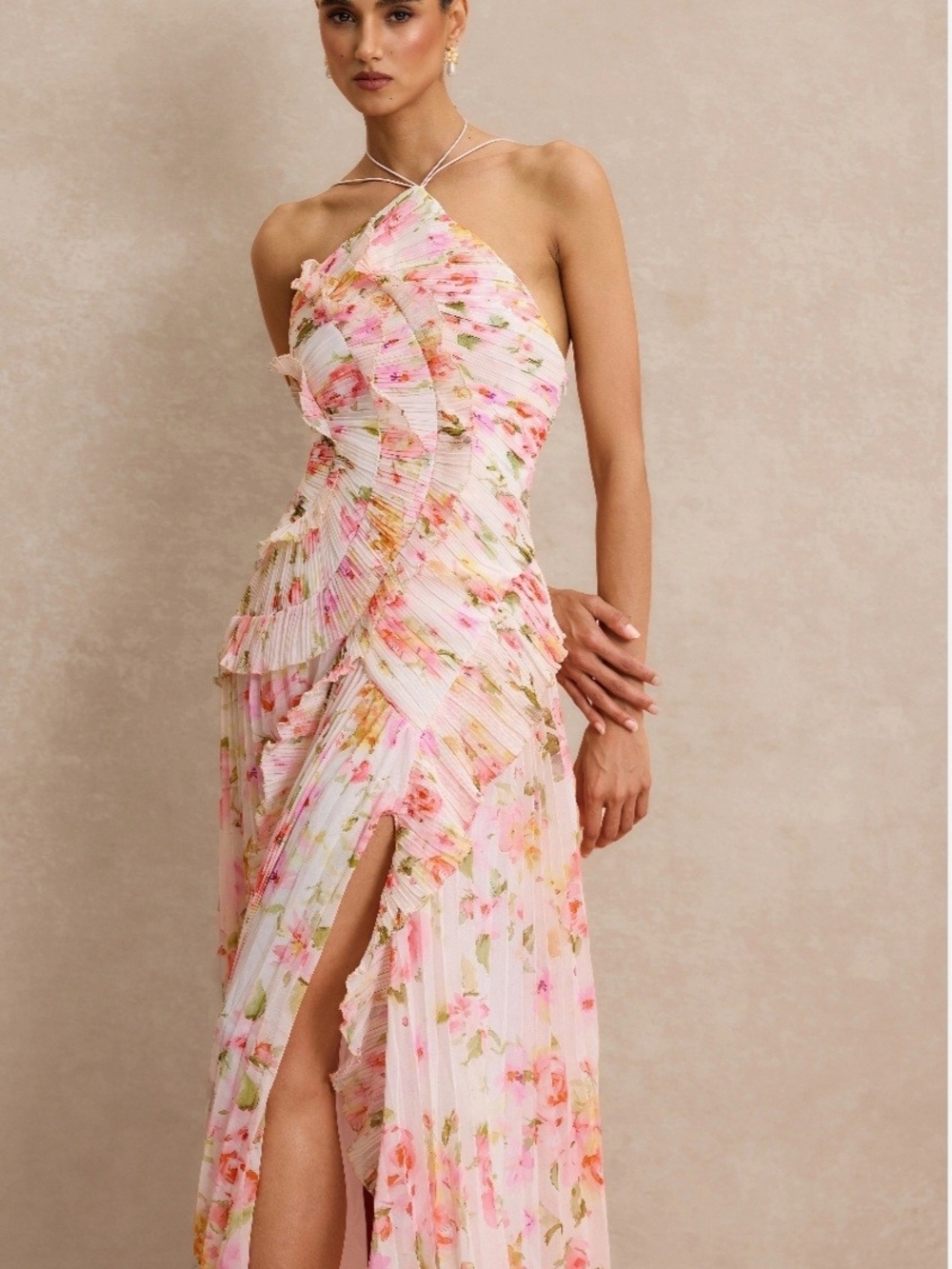 Pink Floral Halter Midi Dress with Ruffle Detail